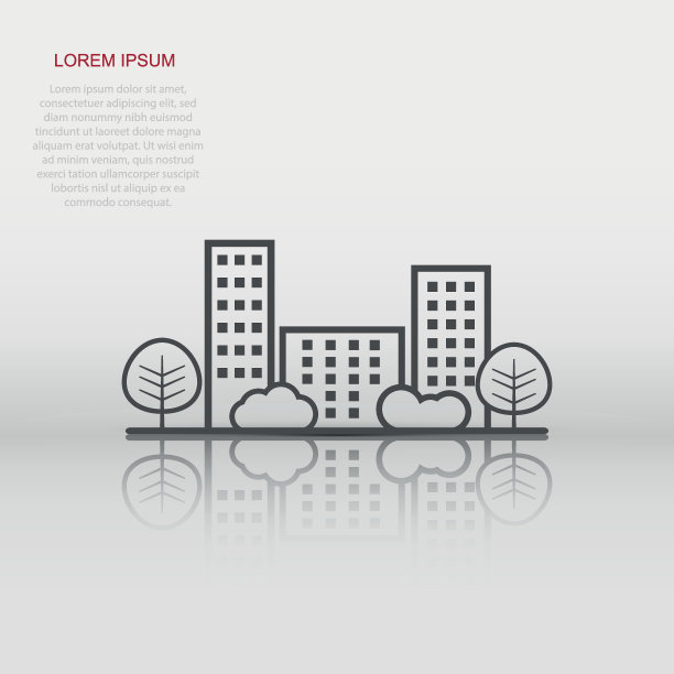 矢量城市插图在平面风格。建筑，树木和灌木在道路上的白色背景图片下载