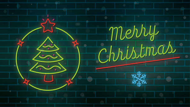 砖墙上的霓虹灯圣诞树上写着“圣诞快乐”字样图片下载
