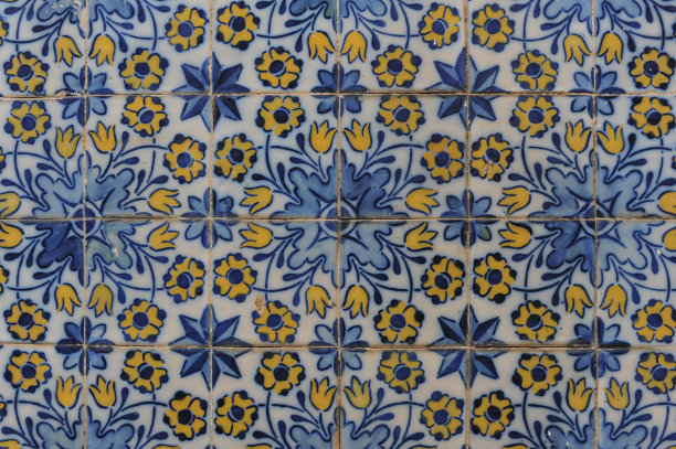 葡萄牙azulejo瓷砖，装饰的特写照片，复古，历史悠久的azulejo在墙上图片下载