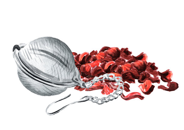 木槿花瓣干花，卡卡德茶及冲泡茶筛。手绘水彩插图，孤立在白色背景上图片下载