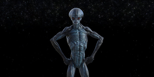 一个蓝色皮肤的男性外星人的3d插图，红色的眼睛和双手放在臀部，在黑暗的空间里，背景中点缀着星星。图片下载