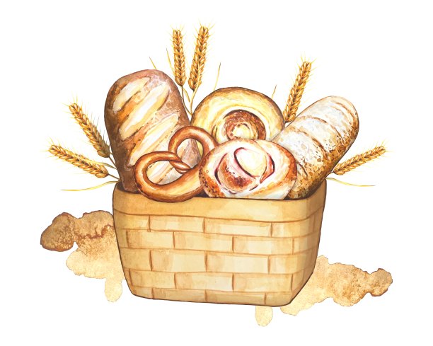 手绘水彩构图与各种糕点和面包在一个篮子里图片下载