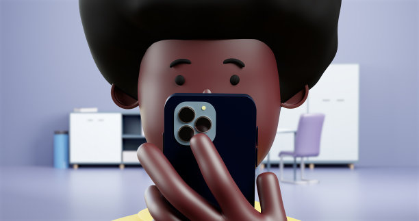 近三维卡通非洲人使用智能手机在办公室背景。图片下载