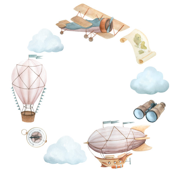 花环的水彩插图与飞行车辆和旅行属性。飞艇，复古飞机，热气球，双筒望远镜，方向盘，云，旗帜，指南针，地图，复古纸图片下载