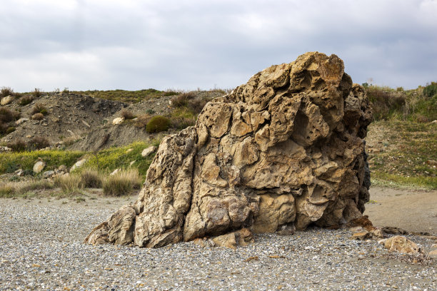 沙滩上有纹理的巨大岩石图片下载