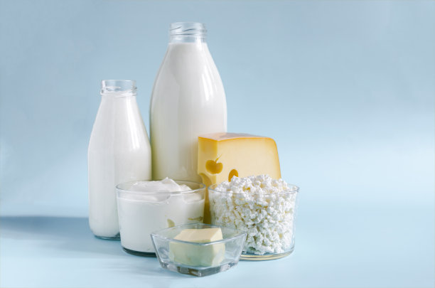 乳制品的背景。牛奶、开菲尔酒、酸奶油、奶酪、黄油和白干酪放在一个玻璃容器里，背景为浅色特写。图片下载