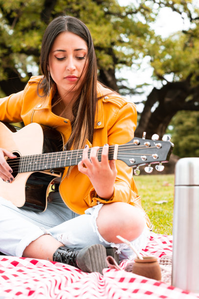社交网络上年轻女子在公园野餐时弹吉他的垂直图片图片下载