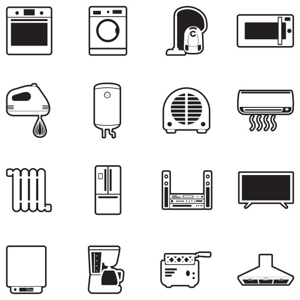 家用电器图标。线条填充设计。矢量插图。图片下载