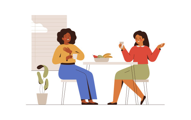 女性朋友在家里的厨房里聊天喝茶。同事们在工作时间有喝咖啡的休息时间。图片下载