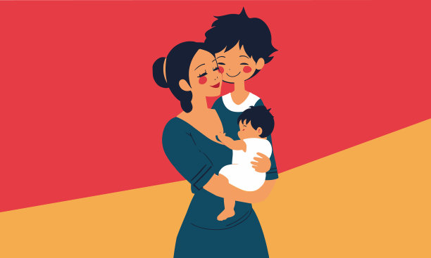 最甜蜜的母爱:孩子站在一个爱孩子的母亲怀里，儿子站在她身边。图片下载