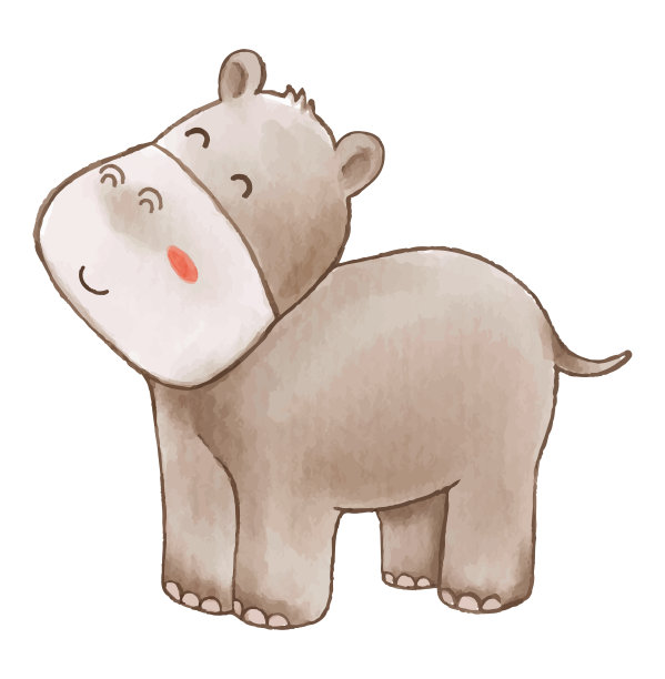 河马。水彩涂料设计。可爱的动物卡通人物。站立姿势。向量。图片下载