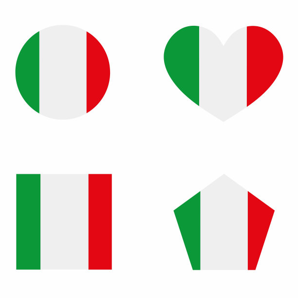 意大利国旗图标集在4个形状的版本。矢量插图的旗帜按钮，爱，和正方形的形状。图片下载