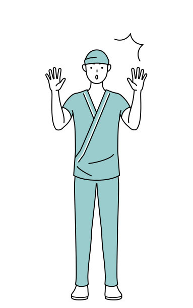 穿着病号服的男住院病人惊讶地举起手。图片下载