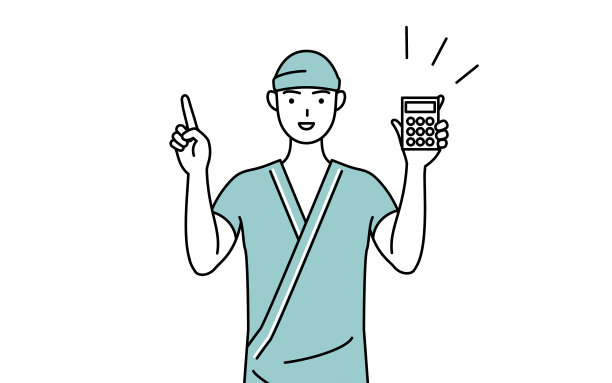 男住院病人，穿着医院的大褂，拿着计算器指着。图片下载