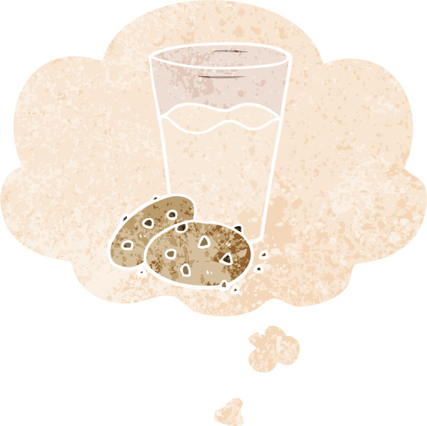 卡通饼干和牛奶与思想泡沫在垃圾心疼复古纹理风格图片下载