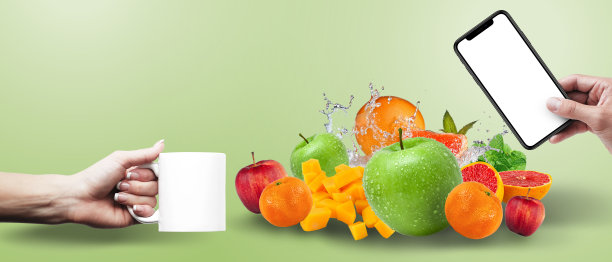 绿色背景下的网络新鲜营销思路。网上生鲜市场服务，移动送餐。智能手机上的生鲜市场。复制空间，横幅，软件，网站-3d渲染图片下载