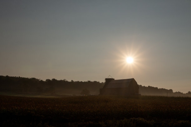 太阳从安大略省农村的一个农场升起。谷仓是农业的象征。图片下载