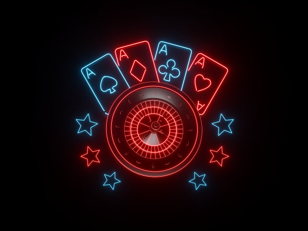 未来的黑色轮盘赌车轮，四个王牌和星星与红色和蓝色霓虹灯- 3D插图图片下载