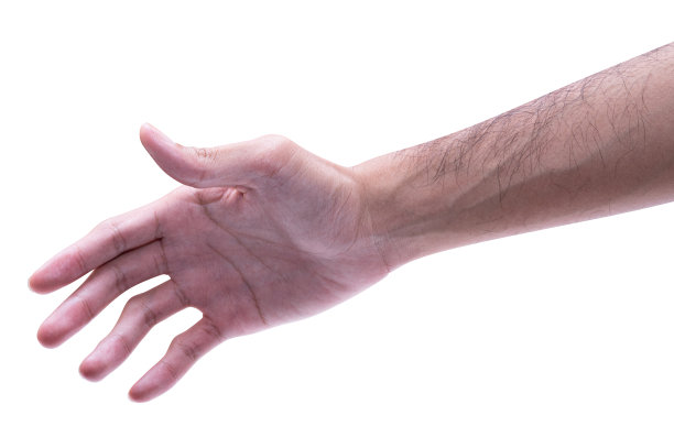 男性伸出手，准备帮助或接受。手势孤立在白色背景上。图片下载