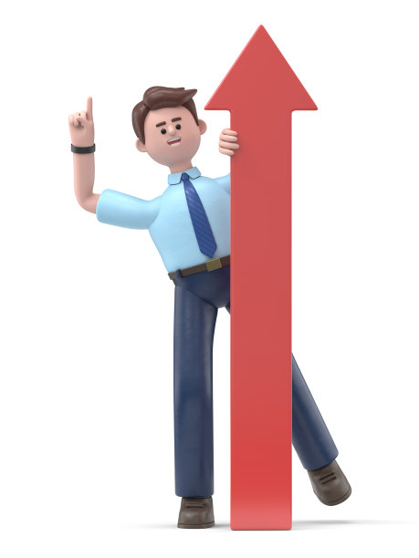 微笑的亚洲男子菲利克斯手持上升箭头3D插画：增长、成功与成就概念，商务人士推动向上箭头，商业成功理念图片下载