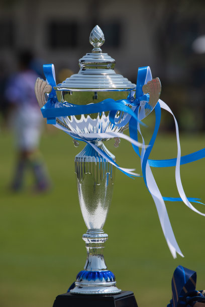 银质奖杯特写。闪闪发光的银杯上飘着蓝白相间的五彩纸屑。图片下载