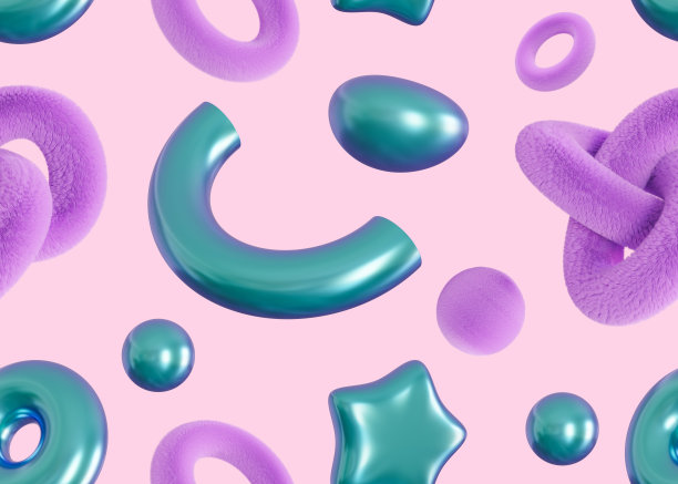 无缝图案与抽象的3D形状在紫色的背景。彩色图案，适用于印刷、纺织、包装纸。可爱的蓬松和全息元素。新潮的，未来主义的动机。3 d渲染。图片下载