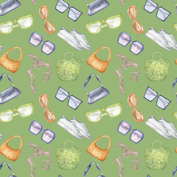 女人的夏装无缝图案孤立在绿色上。女人的收藏鞋，鞋袜，眼镜，包水彩手绘。设计商店，销售，纺织，包装，展示，夏季印刷图片下载