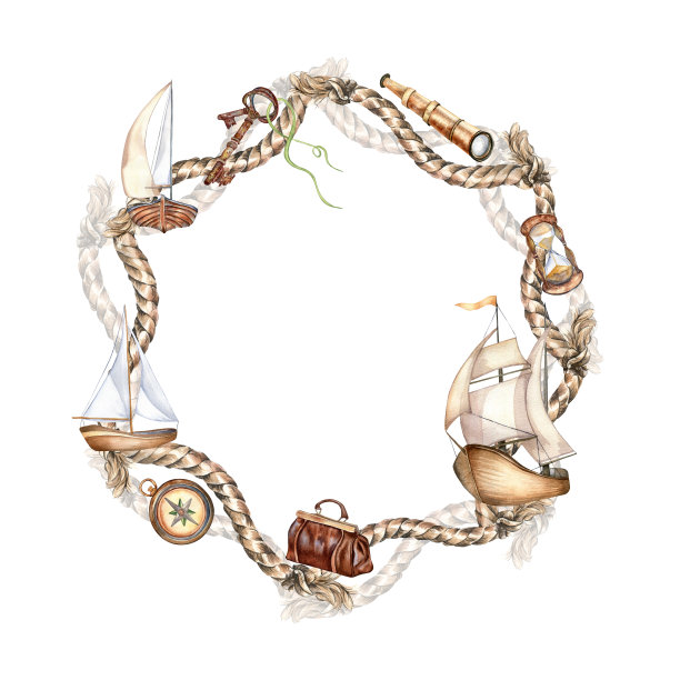 船绳的圆形框架，帆船水彩插图孤立在白色。套索，船，望远镜，地毯袋，手绘指南针。设计元素为男孩，冒险收藏，航海风格图片下载