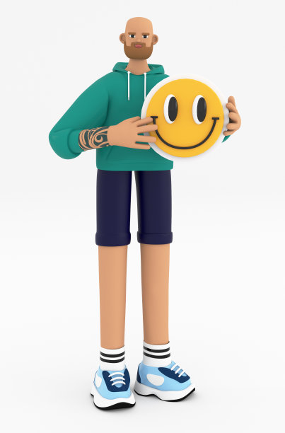 用表情符号在社交媒体上给出回应的抽象概念插图。男子持有微笑图标和喜欢的内容。白色背景的3d渲染插图。图片下载