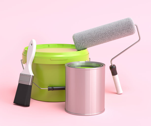 一套金属和塑料桶，油漆辊和刷在粉红色的背景。图片下载
