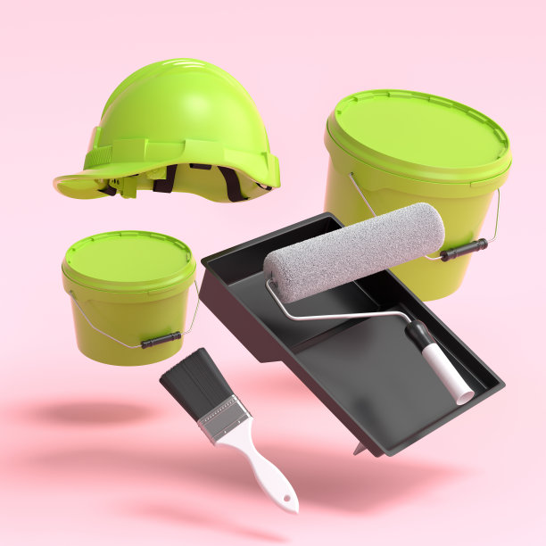 一套飞行安全帽，桶，托盘与油漆辊和刷在粉红色图片下载