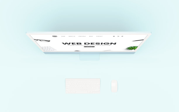网页设计工作室的概念页面在屏幕上，旁边有键盘和鼠标。平面构图包括一张蓝色的桌子。数字渲染，UX, UI和现代网页设计图片下载