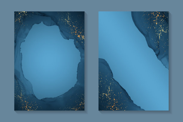 水彩背景与抽象的海军蓝墨水波浪和金色飞溅。图片下载