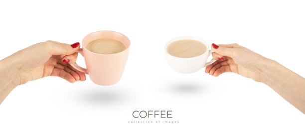 涂着红色指甲的女人拿着一个咖啡杯，孤立在白色的背景上，有修剪的路径图片下载