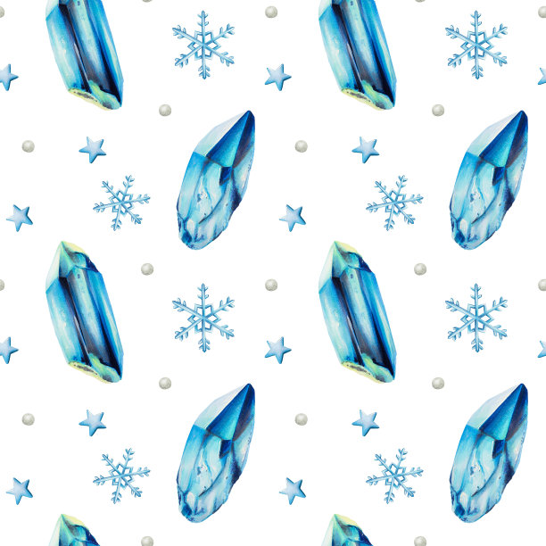 水彩冬季节日无缝图案与冰晶和雪花。手绘圣诞剪贴画在一个孤立的背景。适合设计师，装饰，明信片，包装纸，剪贴簿，封面，邀请函，海报和纺织品图片下载
