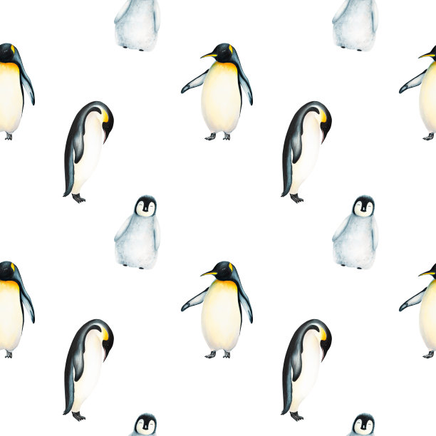 水彩无缝图案与王企鹅家族隔离。手绘现实的北极和南极海洋哺乳动物。用于设计师，装饰，明信片，包装纸，剪贴簿，封面，标志，邀请函，海报和纺织品图片下载