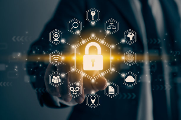 商人手和手指触摸屏和六角形锁安全标志在复古色调图片下载