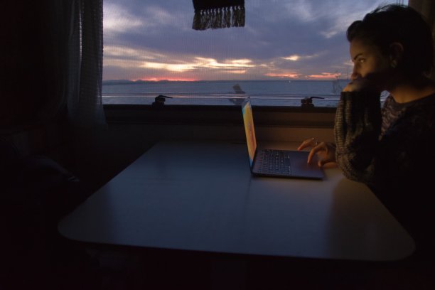 露营车聪明的工作女孩图片下载