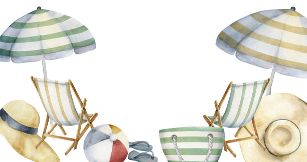 手绘水彩构图。沙滩上的条纹配饰、雨伞和椅子。孤立在白色背景上。设计墙艺、婚庆、印花、布艺、封面、名片、旅游、旅游宣传册。图片下载