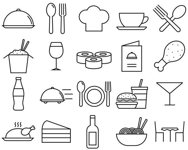 餐厅线集图标，咖啡馆标志矢量图片下载