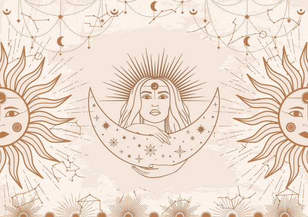 手绘卡米色神秘的女人与太阳，月亮，星星在线艺术。天体空间星座。精神抽象的象征，深奥的护身符。神奇的空间星系，矢量素描插图图片下载