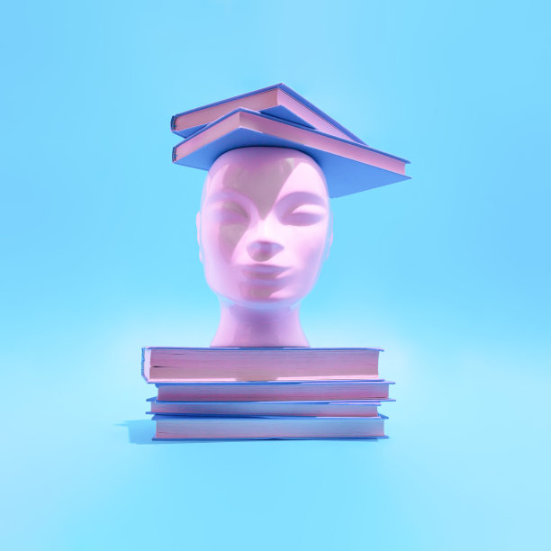 人的头与书的渐变柔和的蓝色背景。超现实，教育，学习和知识的概念图片下载