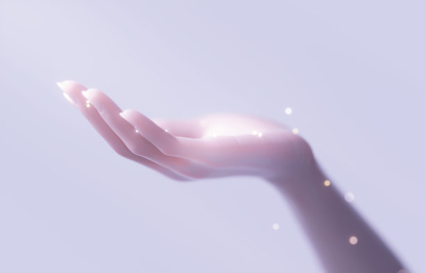 赋予幸福和神奇的概念。美女手张开手掌呈现的手势，持有和展示的东西，3d渲染图片下载