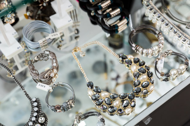 珠宝店橱窗里的项链、手镯、耳环、戒指图片下载