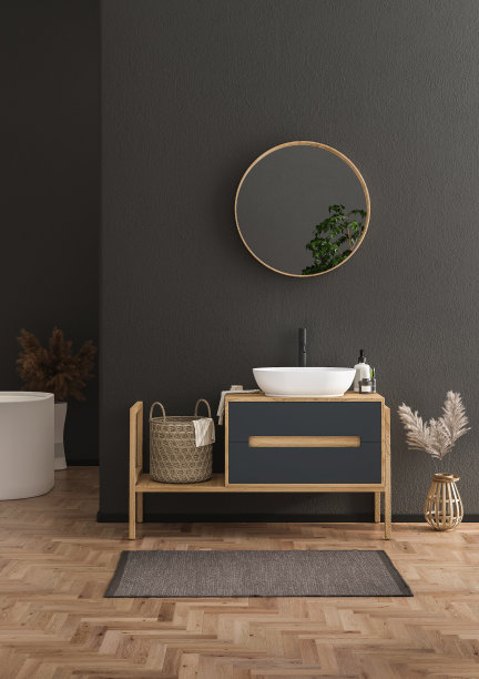 时尚的意大利浴室，黑色墙壁，拼花地板，白色水槽，黑色水龙头和浴缸。包括毛巾，干植物和地毯。理想的模拟照片。三维渲染图片下载