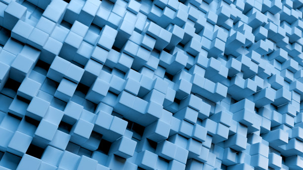 抽象背景的3D渲染插图。挤压立方体，蓝色灯光的几何场。图片下载