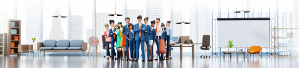 成功的商务人士，商务团队在办公室里排队，对着镜头微笑。3D渲染图图片下载
