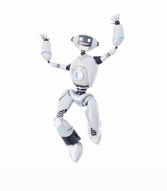机器人跳起来，向镜头挥手。3D渲染图图片下载