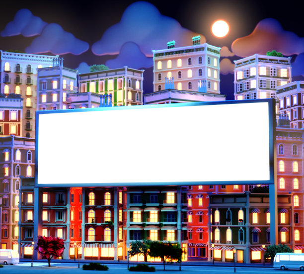 美丽的城市3D渲染插图。晚上的公寓大楼和办公大楼图片下载