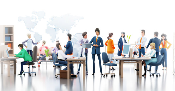 在一个项目上合作的一组商务人员，在办公室里一起工作。3D渲染图图片下载